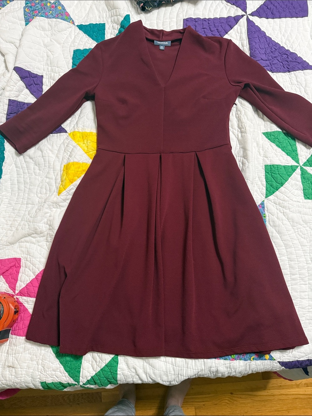 Modcloth Wine Red V-Neck Pleated Fit-and-Flare Dress